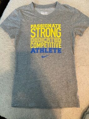 Nike Dri-FIT Gray Graphic Tee - Yellow & Blue Text  SIZE XS